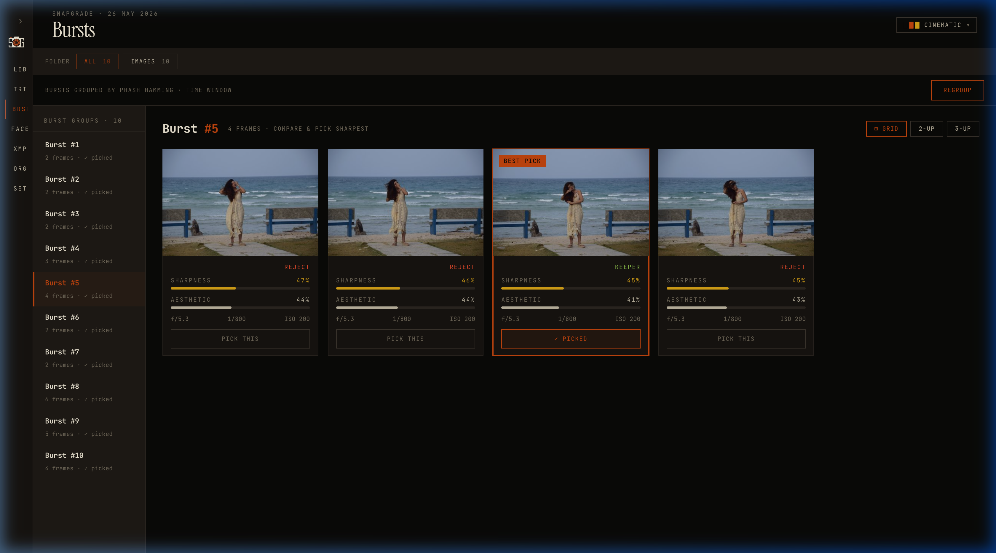 Burst Comparison screen: sidebar listing four burst groups, main panel showing Burst #2 with two side-by-side frames and a BEST badge on the chosen keeper