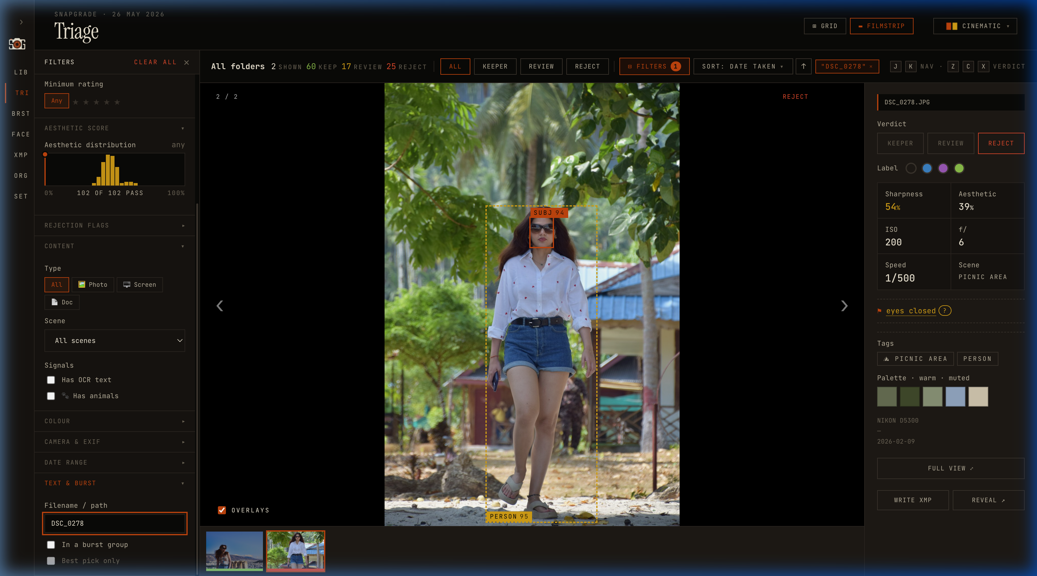 Triage in Filmstrip mode: one large central frame with subject bounding box overlay and a bottom strip of thumbnails