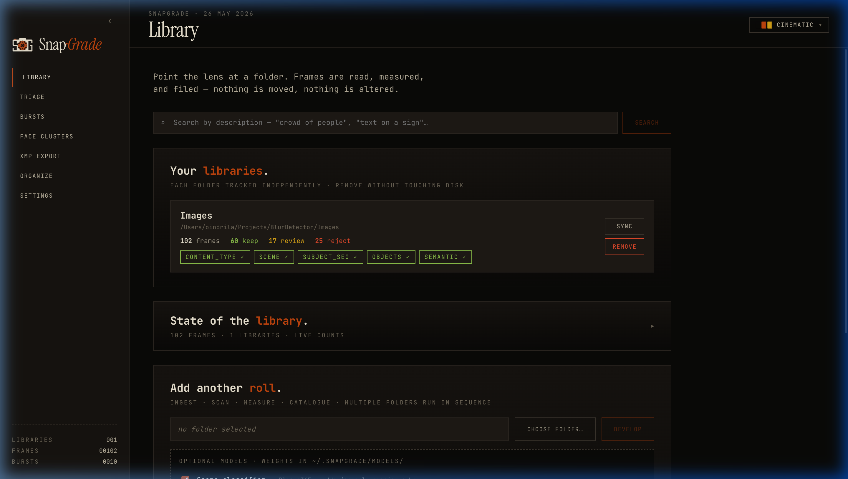 Library screen with folder picker, optional model toggles for scene classifier, salient subject, object detector, screenshot/document, semantic search, and post-ingest grouping