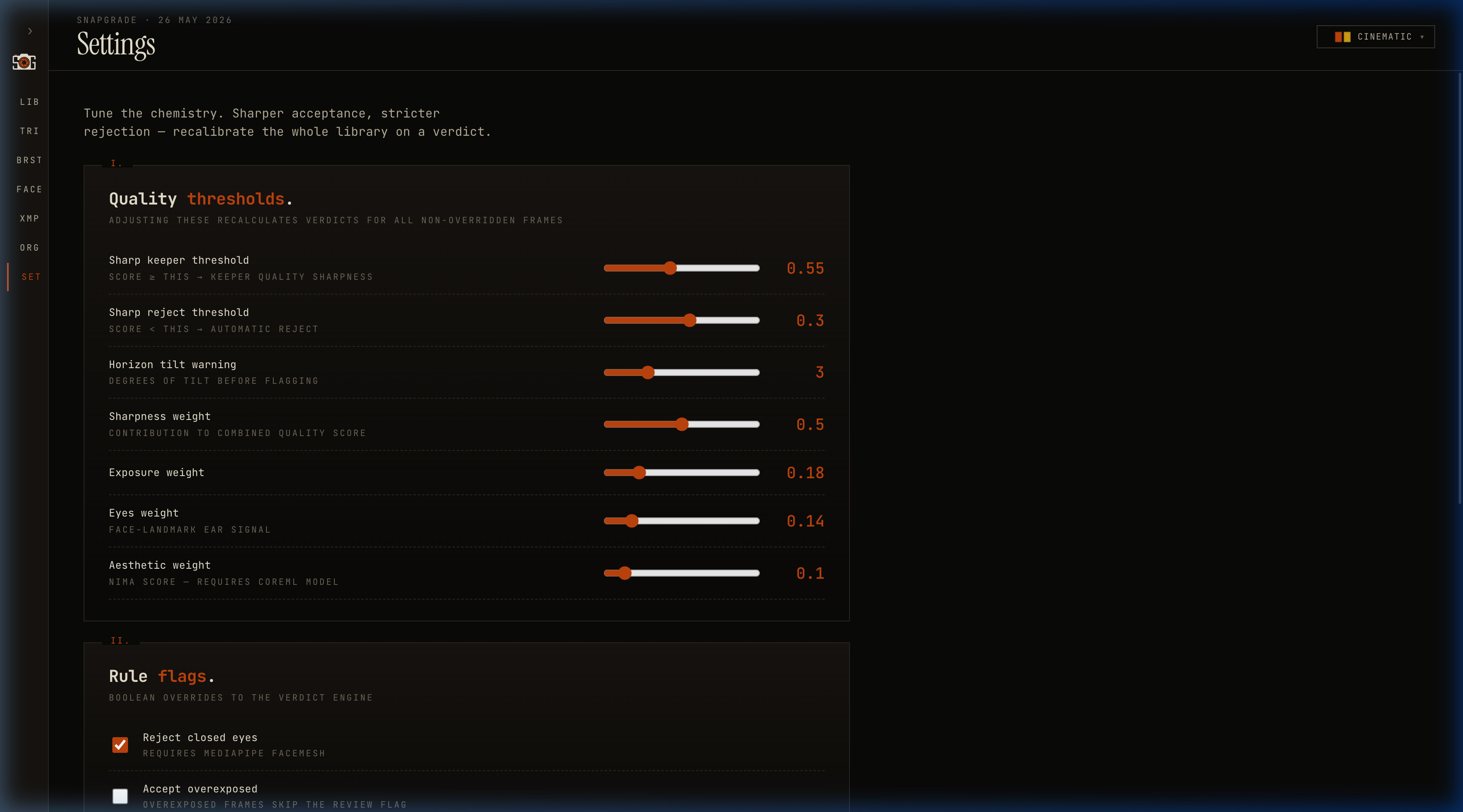 Darkroom settings screen with sliders for sharpness keeper/reject thresholds, horizon tilt warning, weight sliders for sharpness, exposure, eyes, aesthetic, and rule-flag toggles for closed eyes and over/underexposure