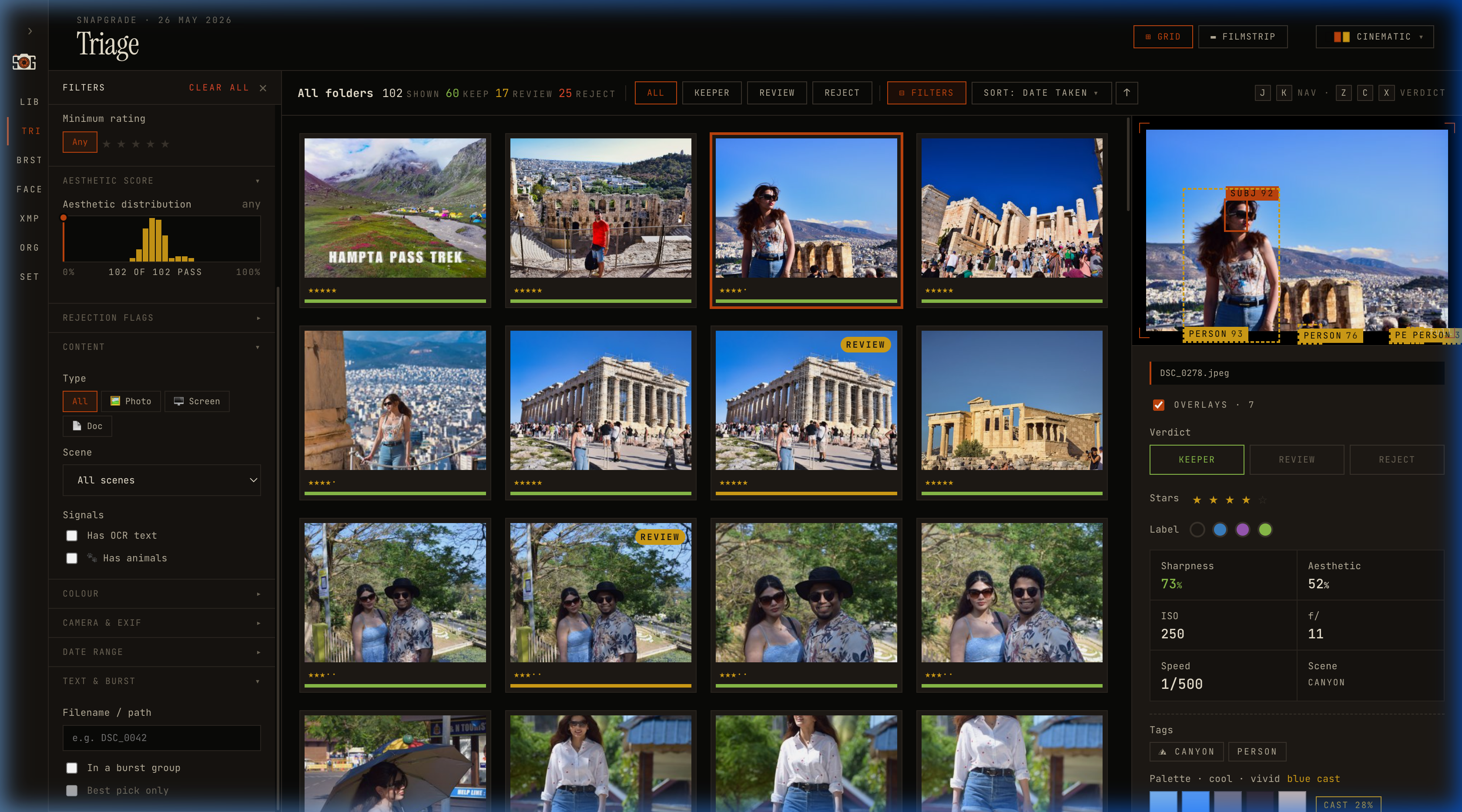 Triage screen in Film Lab theme — warm amber accents on near-black background with a serif title, designed for editing-suite use