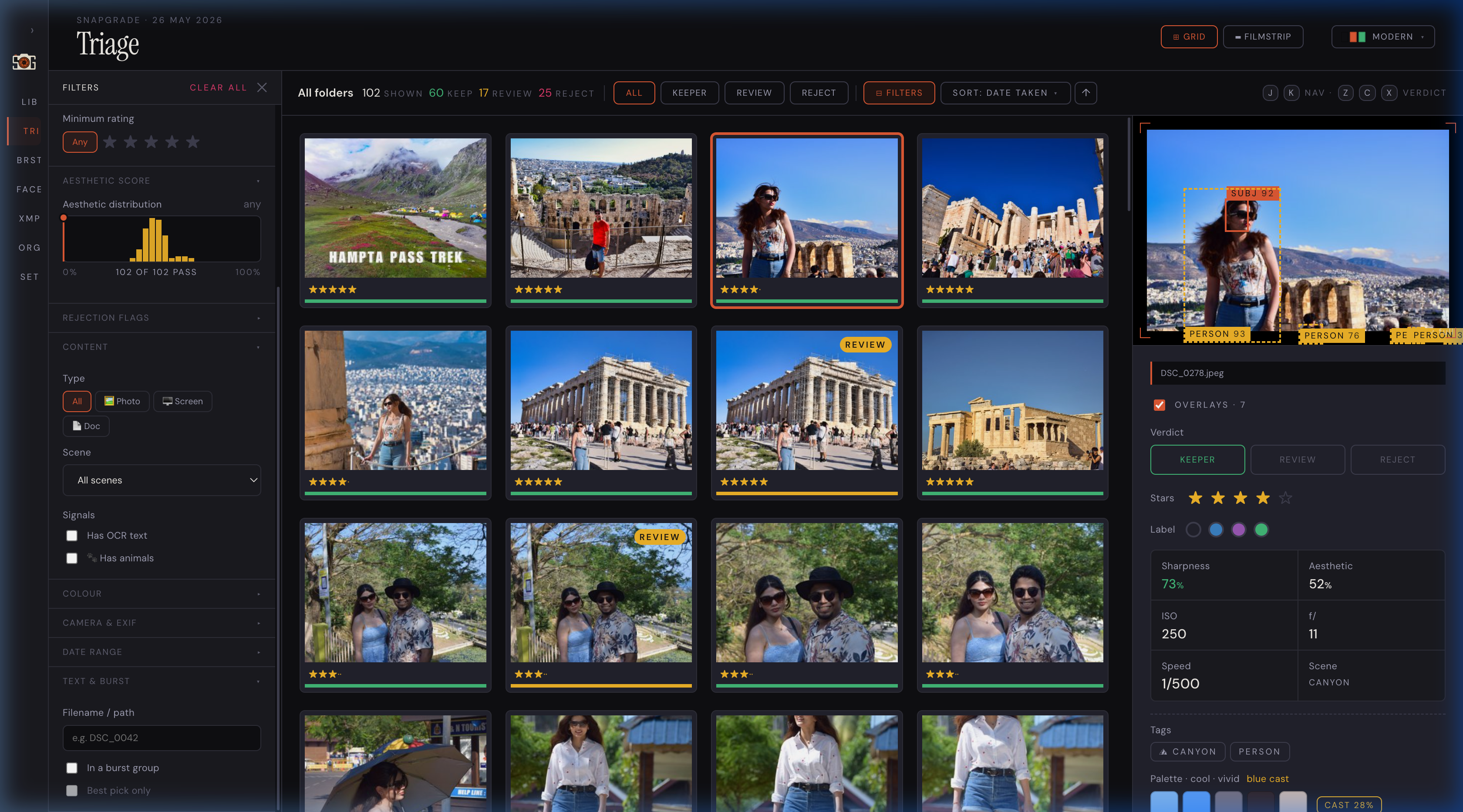 Triage screen in Modern theme — neon orange accents on cool dark grey, with a slightly brighter background and sharper UI chrome