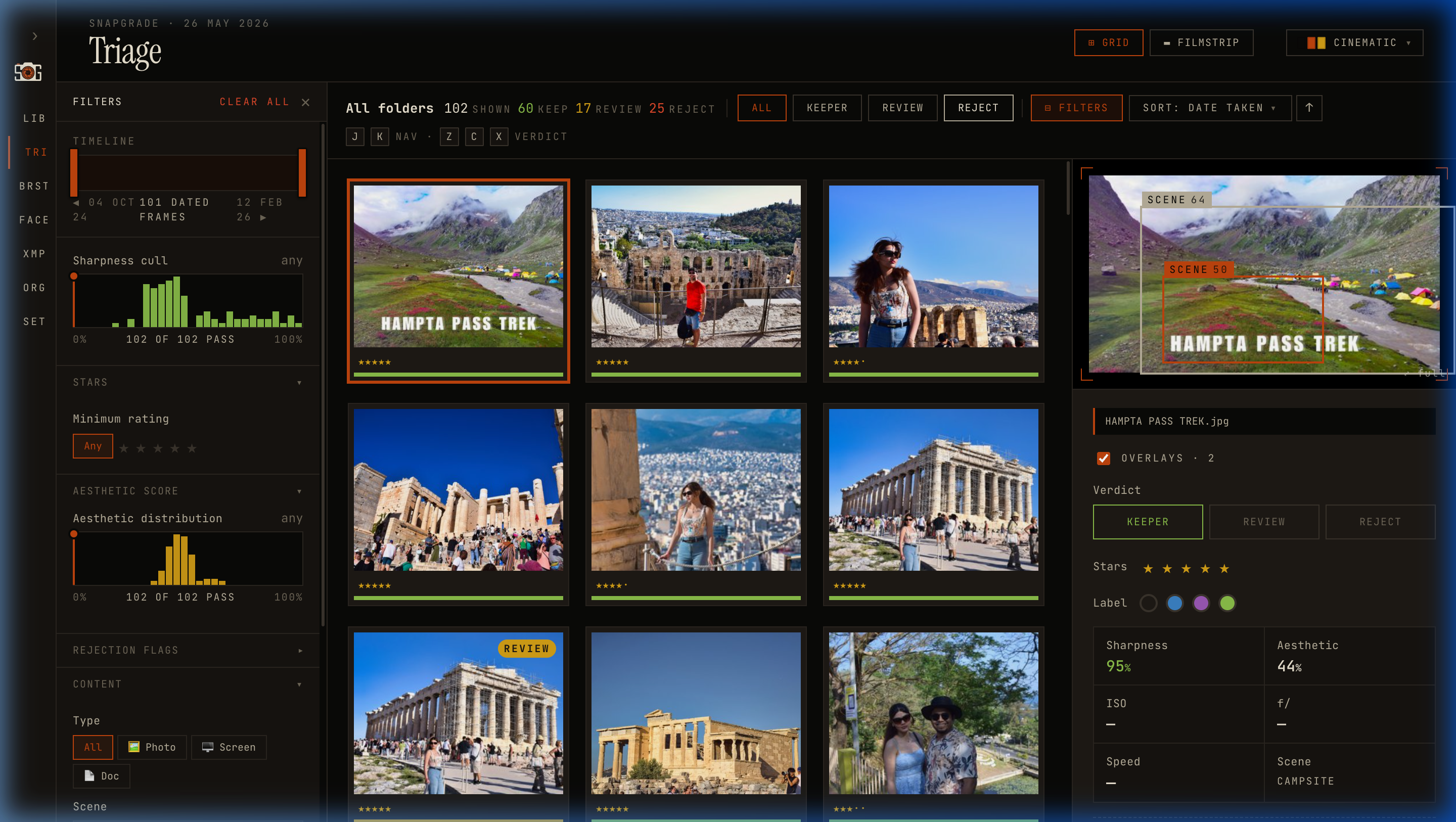 Triage with the full filter panel expanded — quality histograms, rejection flag toggles, content type and scene dropdowns, color palette wheel, and hue tolerance slider, alongside the photo grid and detail panel