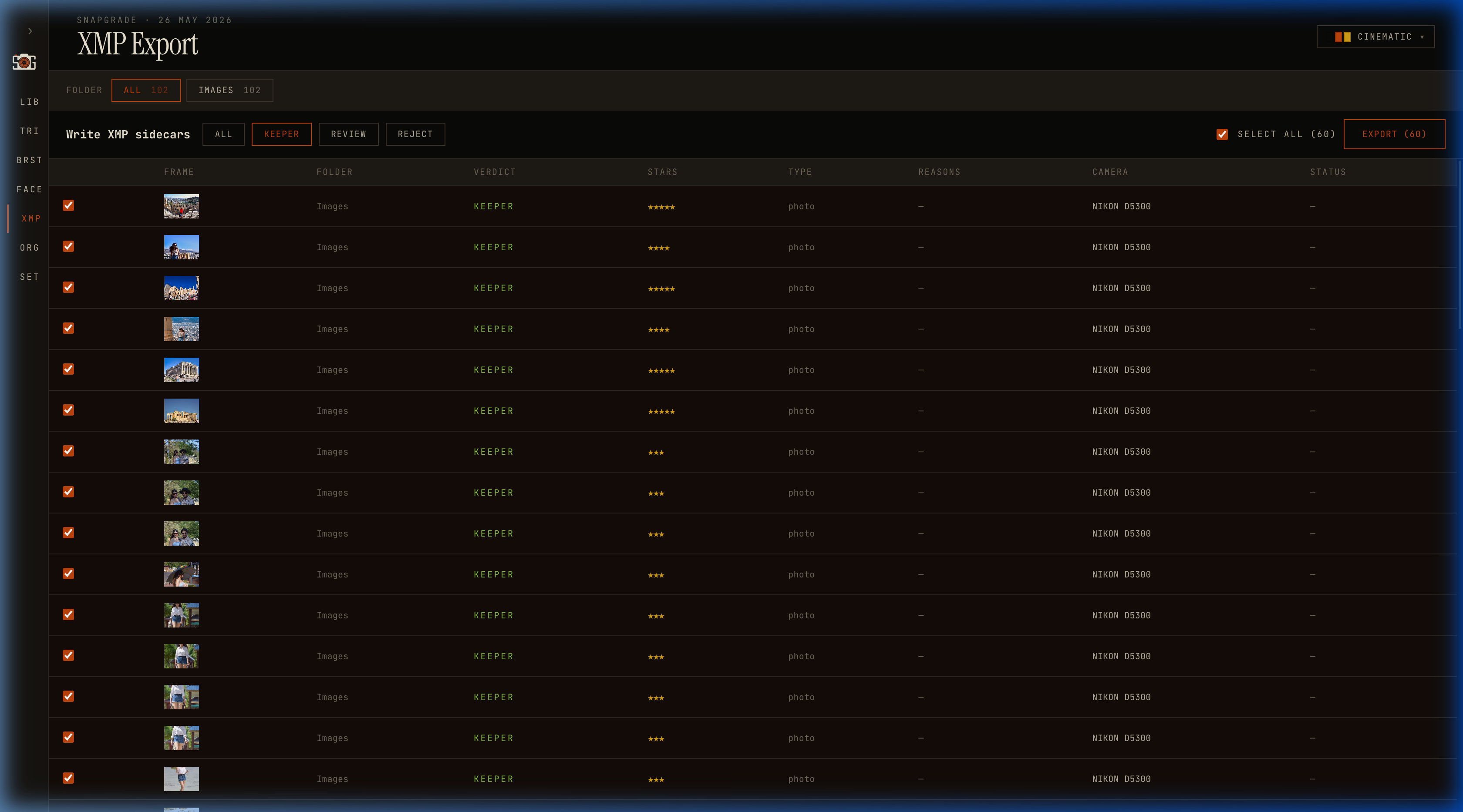 Batch XMP Export screen showing a table of images with thumbnails, filenames, verdict chips, star ratings, and per-row Write/Reset buttons; verdict-tab filter and Select All toggle at the top